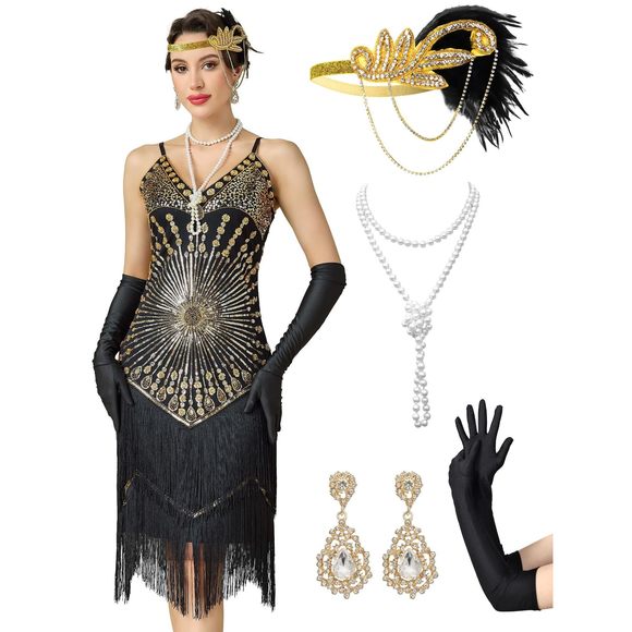 Women's Flapper Dresses 1920s,great Gatsby Dresses Sequin Fringe Cocktail🦒